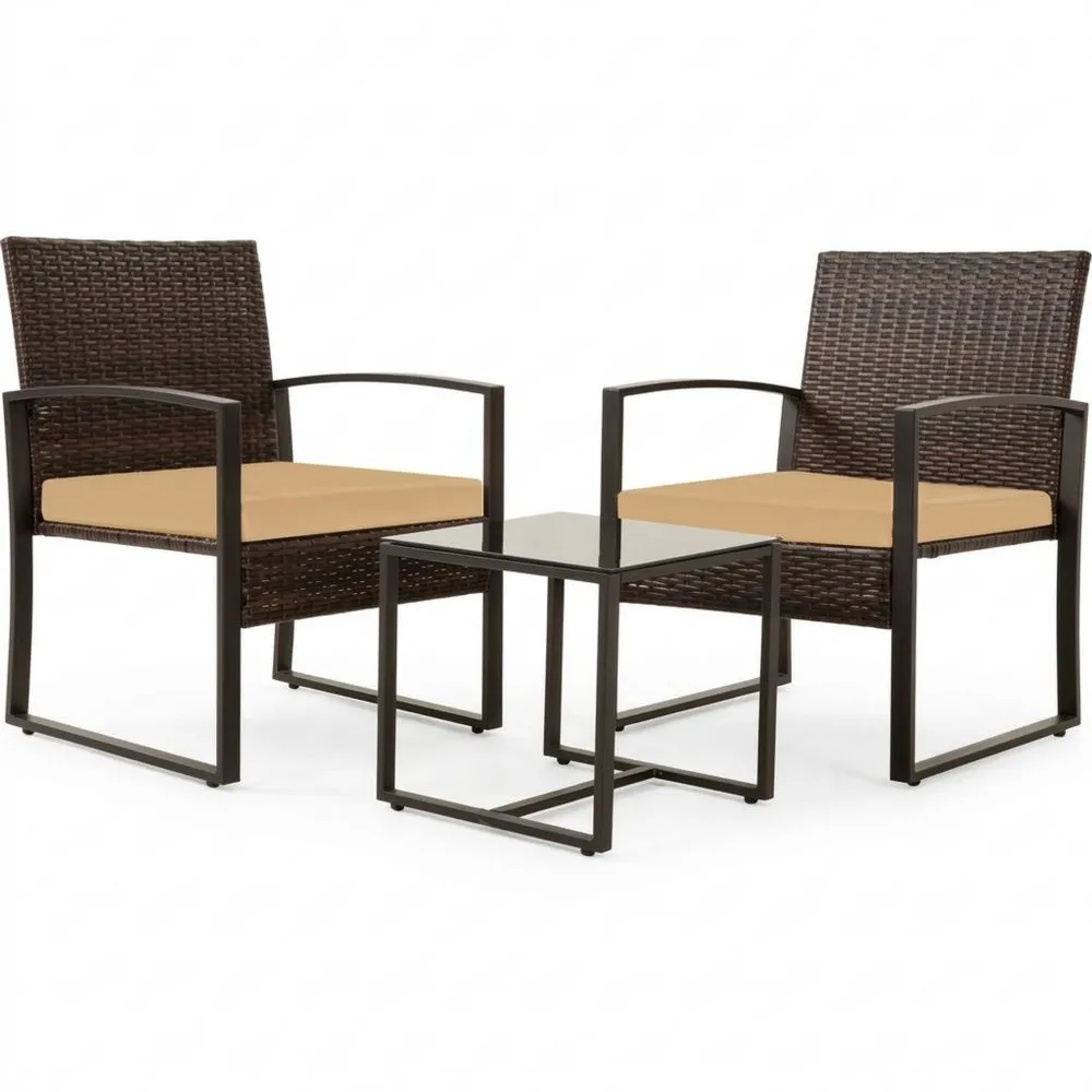 Polyrattan-Freizeitstuhl-Set mit Aluminium und Glastisch in Braun/Beige-Retrovillaeu