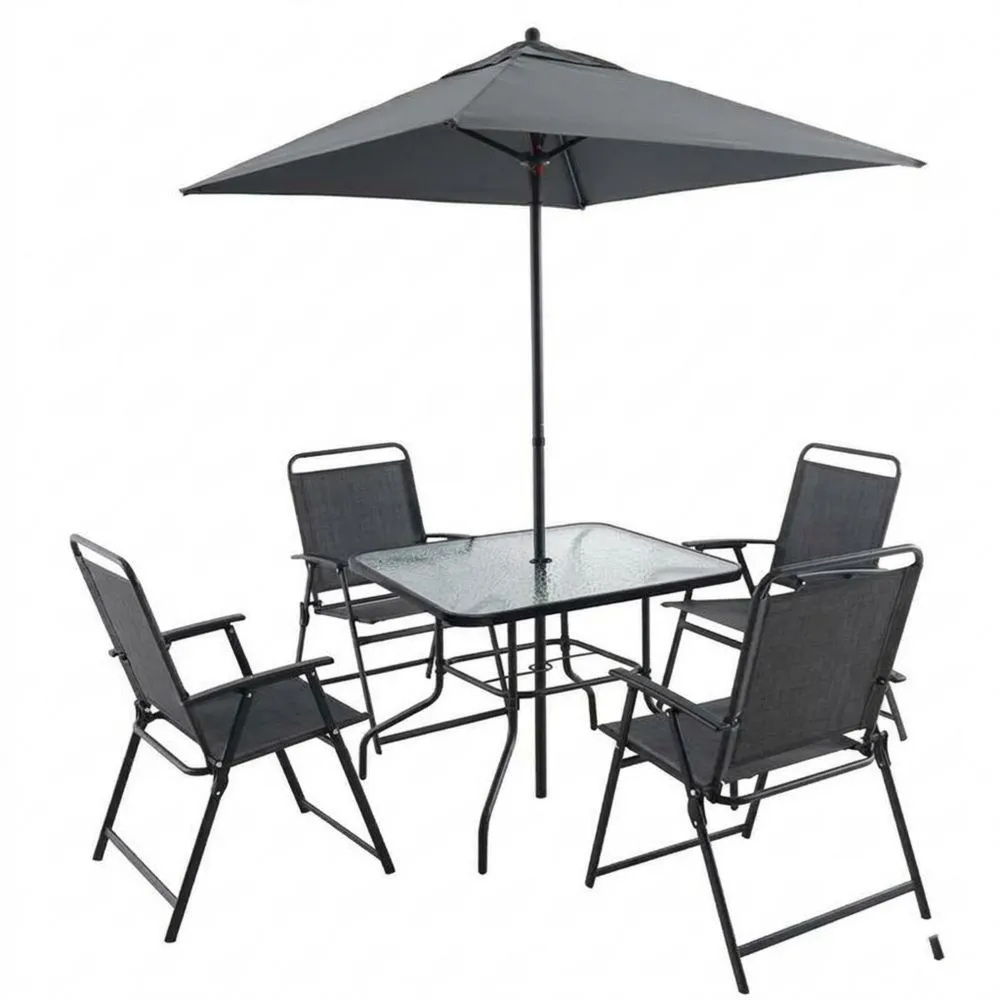 Gartenmöbel Set Textil Glas Tisch 5-teilig mit Klappstühlen und Sonnenschirm Anthrazit