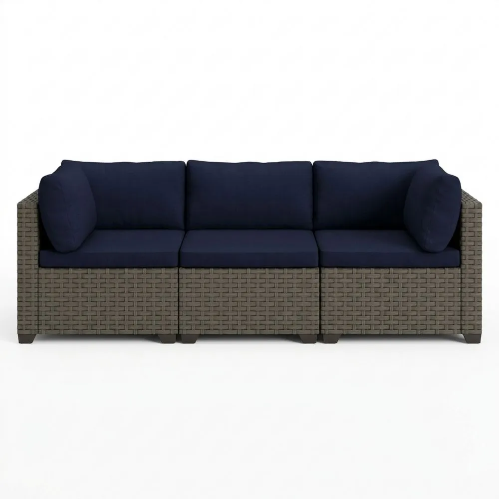 Gartenm?bel Set Rattan Sofa 3-Sitzer Dunkelblau Polyesterkissen