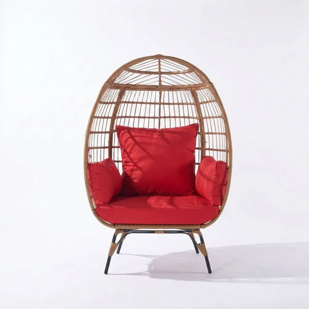 Gartenstuhl Ei-Form Rattan Stahl Rot Kissen