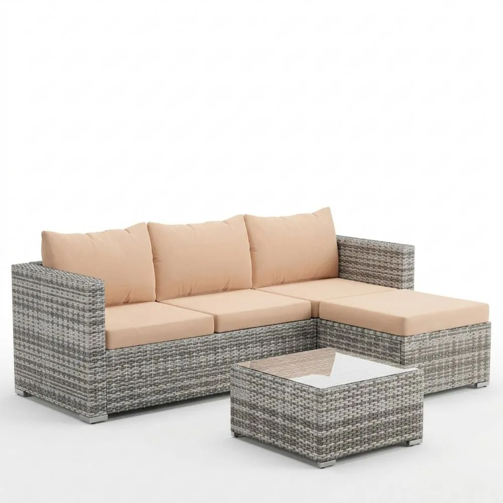 Polyrattan Gartenm?bel Set mit Glastisch Grau/Beige