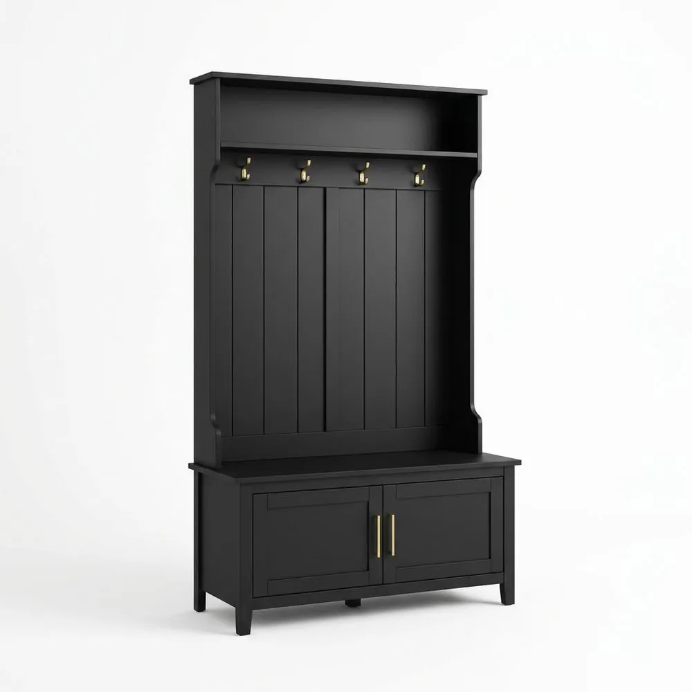 Schwarze Garderobenbank mit Haken und Stauraum aus MDF