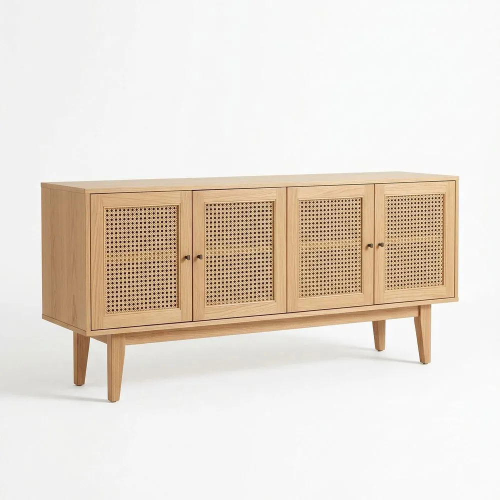 Massivholz Sideboard mit Rattangeflecht 4 Türen Natur 160x40x75 (Länge x Breite x Höhe) cm