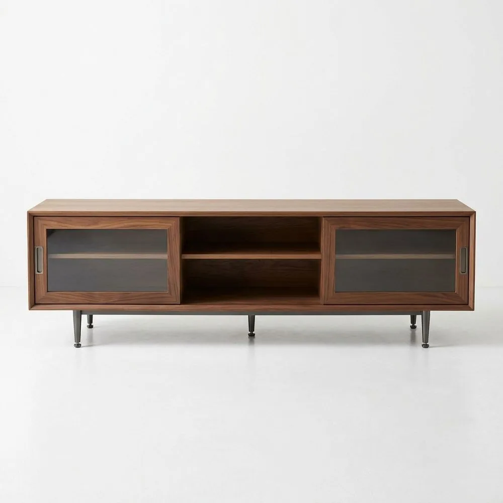 TV-Lowboard aus Walnussholz mit Glastüren, Höhe 50 cm, Breite 180 cm, Tiefe 40 cm