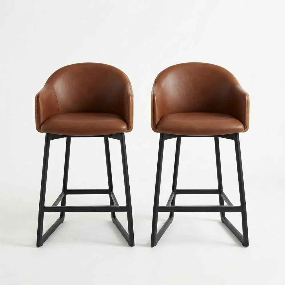 2er Set Barhocker Lederoptik Braun mit pulverbeschichtetem Stahlgestell