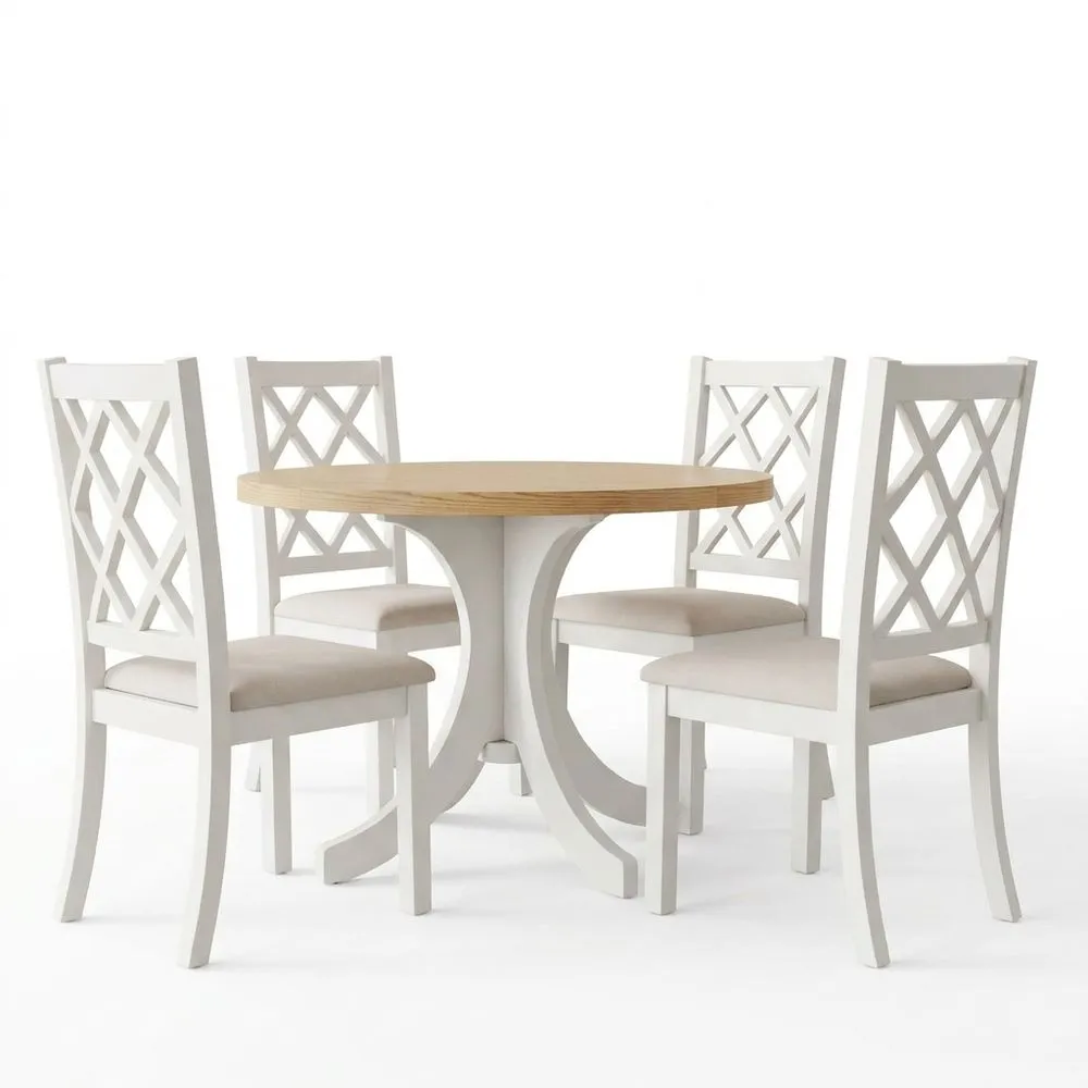 Rundes Esstischset mit Holzfurnier-Tischplatte und Massivholz-Stühlen, Weiß mit 4 Stühlen