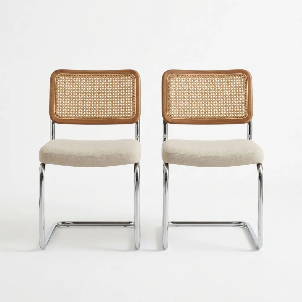 2er Set Stühle aus verchromtem Stahl mit Rattangeflecht-Rückenlehne Beige