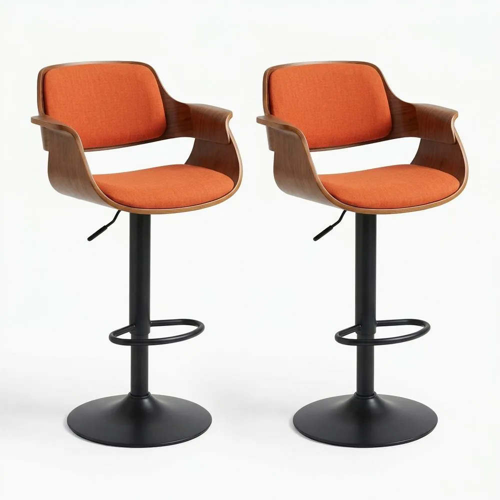 2er Set Barhocker Holzfurnier Polyester mit schwarzem Stahlgestell, höhenverstellbar, Orange