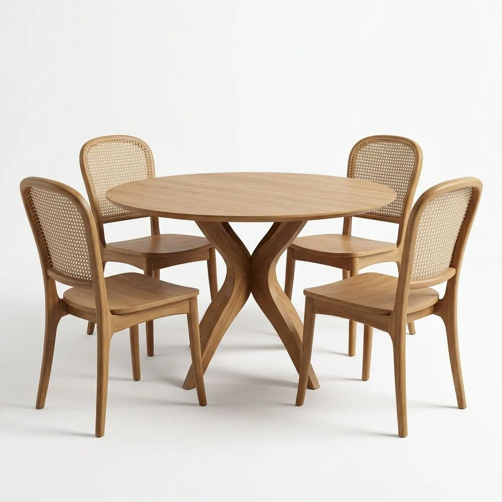 Runder Esstisch aus Eschenholz mit 4 Rattanstühlen