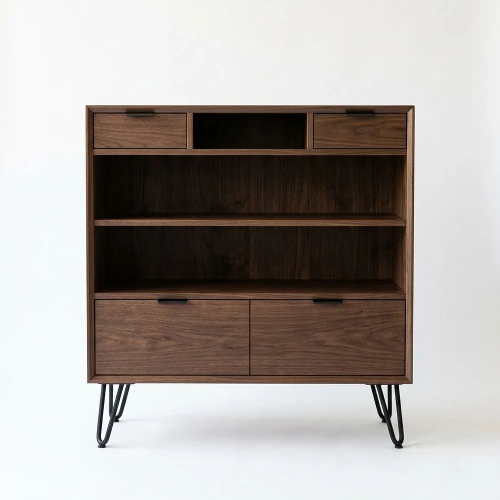 Bücherregal aus Walnussholz mit Stahlbeinen 120x100x40 (Höhe x Breite x Tiefe) cm