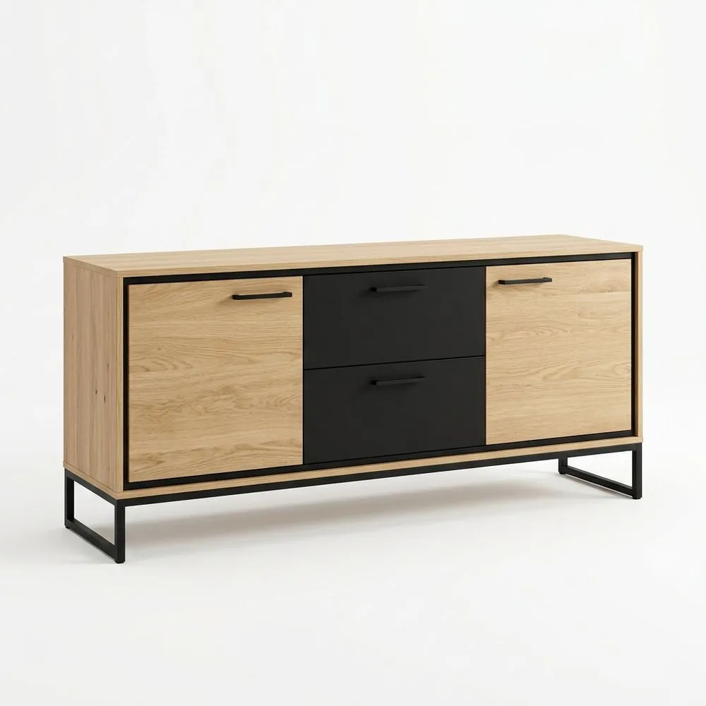 Sideboard aus Eichenfurnier mit schwarzem Stahlgestell, Länge 160 cm