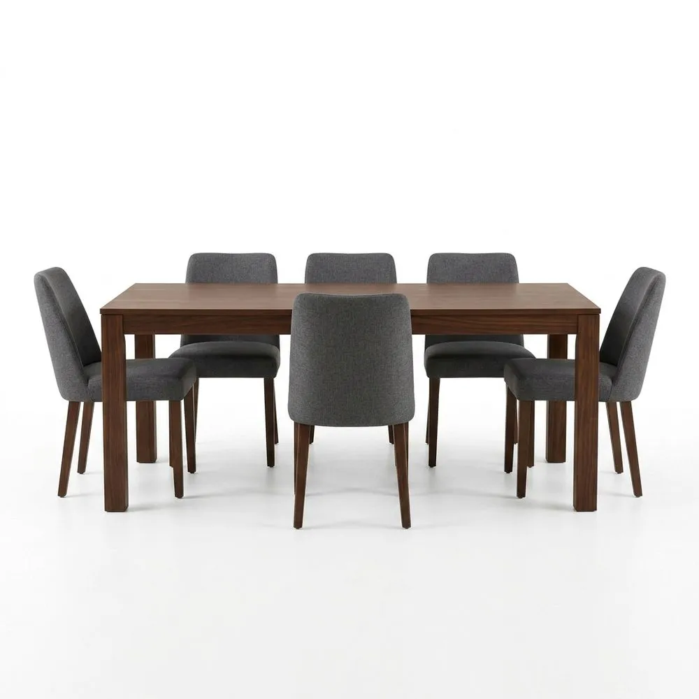 Essgruppe Massivholz Nussbaum mit 6 grauen Stühlen, 160x90x75 (Länge x Breite x Höhe) cm