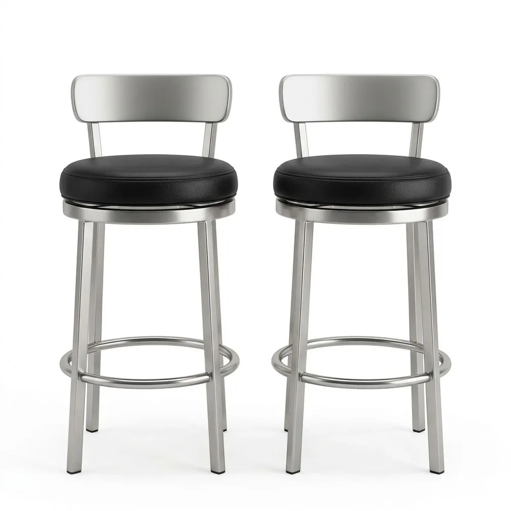 2er Set drehbare Hocker aus Edelstahl mit schwarzer PU-Leder-Sitzfläche