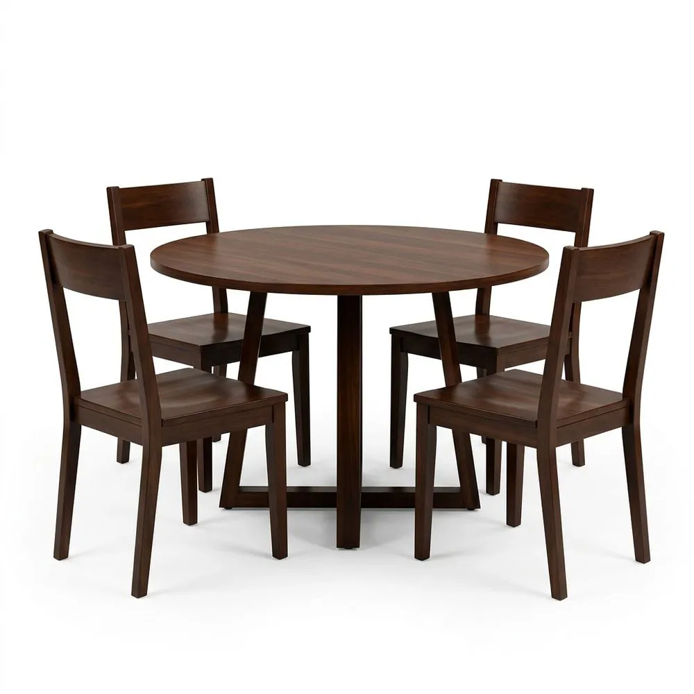 Runder Esstisch Set aus Gummibaumholz Dunkelbraun mit 4 Stühlen