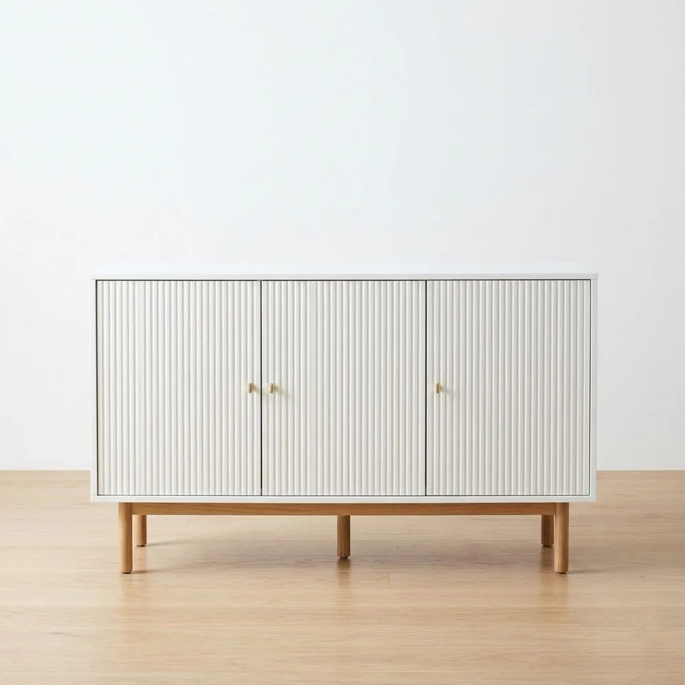 Sideboard aus MDF mit Eichengestell, Weiß 136x40x75 (Länge x Breite x Höhe) cm