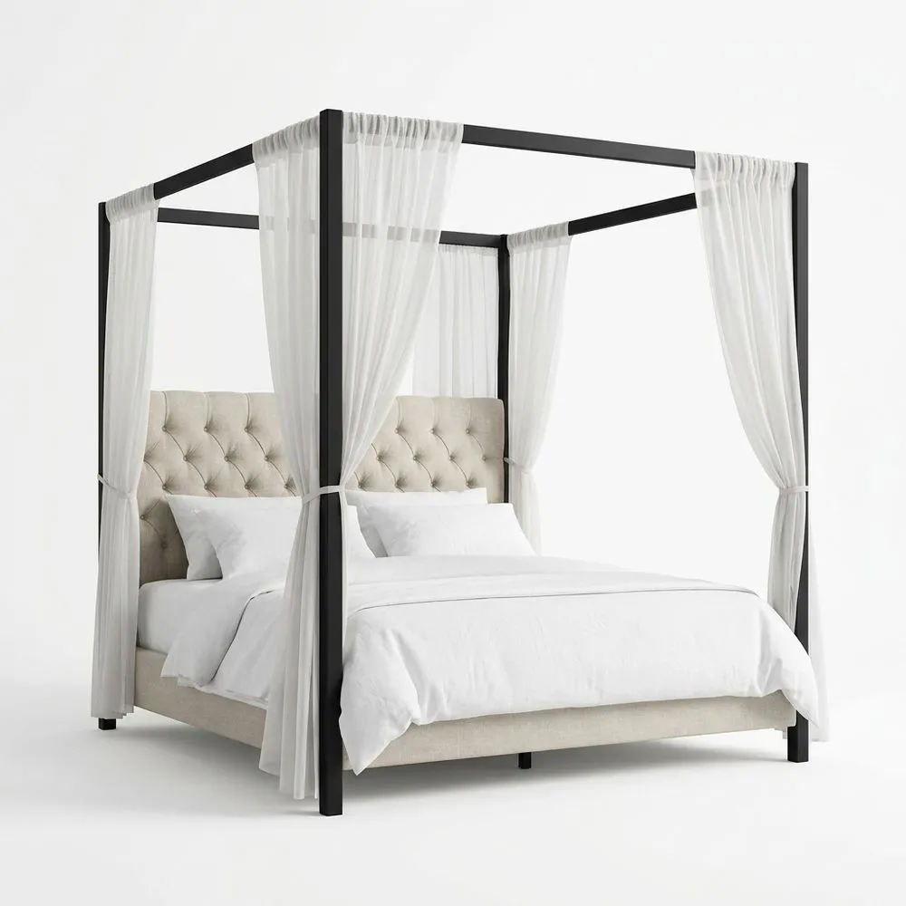 Stahl Himmelbett mit Polyestervorhängen Beige 200x160 (Länge x Breite) cm