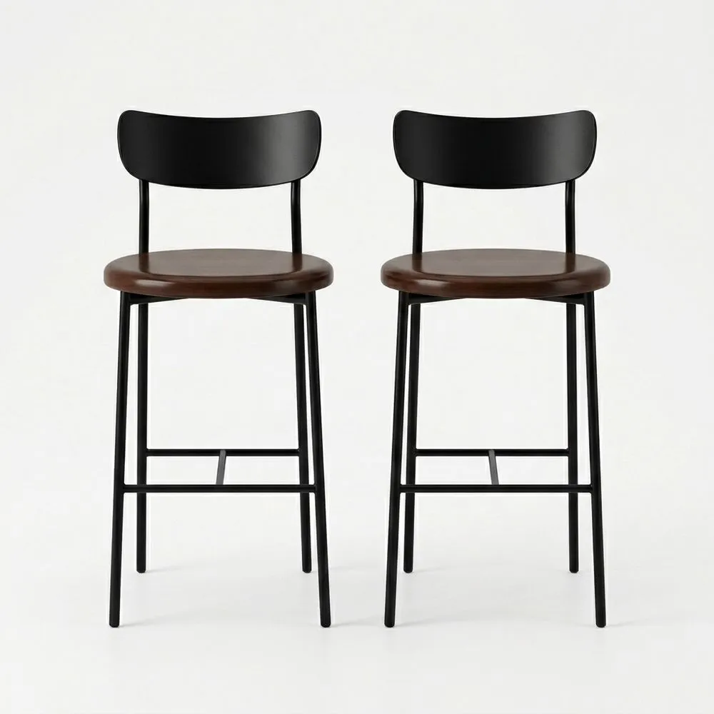 Barstuhl-Set aus pulverbeschichtetem Stahl und Walnussholz, Schwarz/Braun