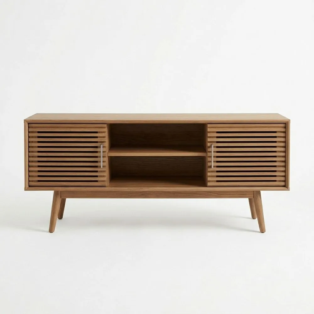 Eichenholz TV-Schrank mit Schiebetüren, Natur, Länge 120 cm x Breite 40 cm x Höhe 60 cm