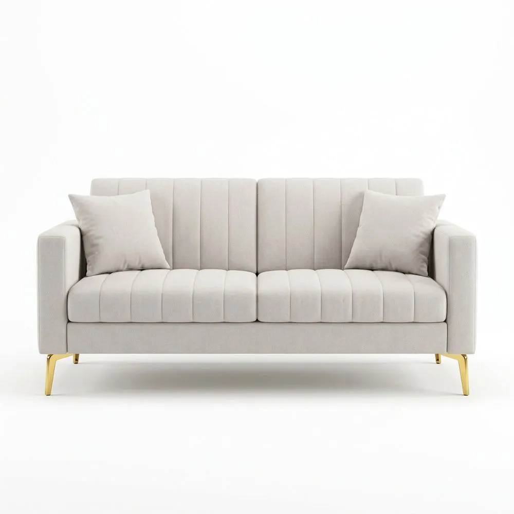 Zweisitzer-Sofa aus Polyestergewebe Beige mit vergoldeten Stahlbeinen, Länge 190 cm