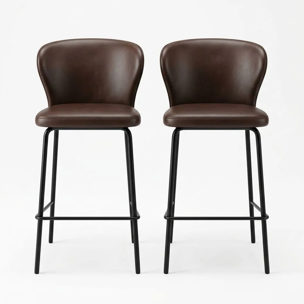 Barhocker Set aus PU-Leder in Braun mit pulverbeschichteten Stahlbeinen