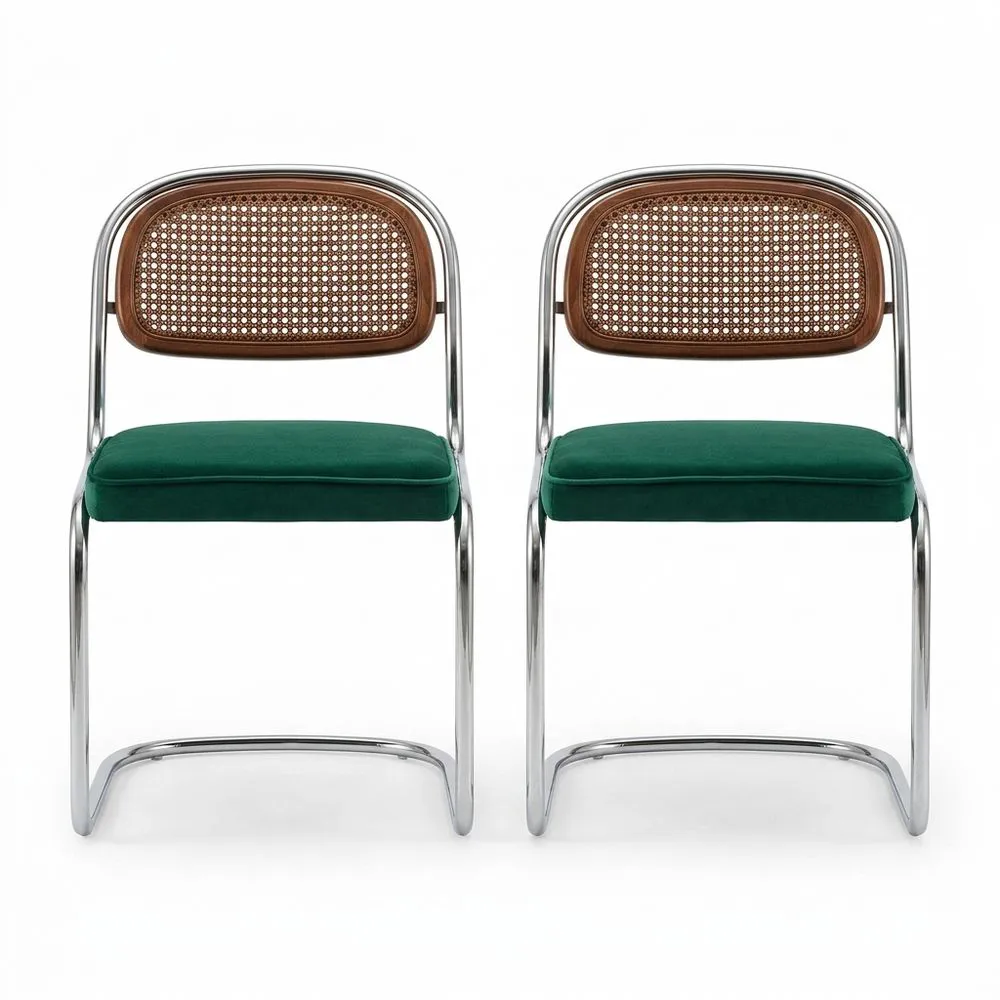 2er Set Stühle mit Rahmen aus verchromtem Stahl und Rattangeflecht-Rückenlehne in Grün