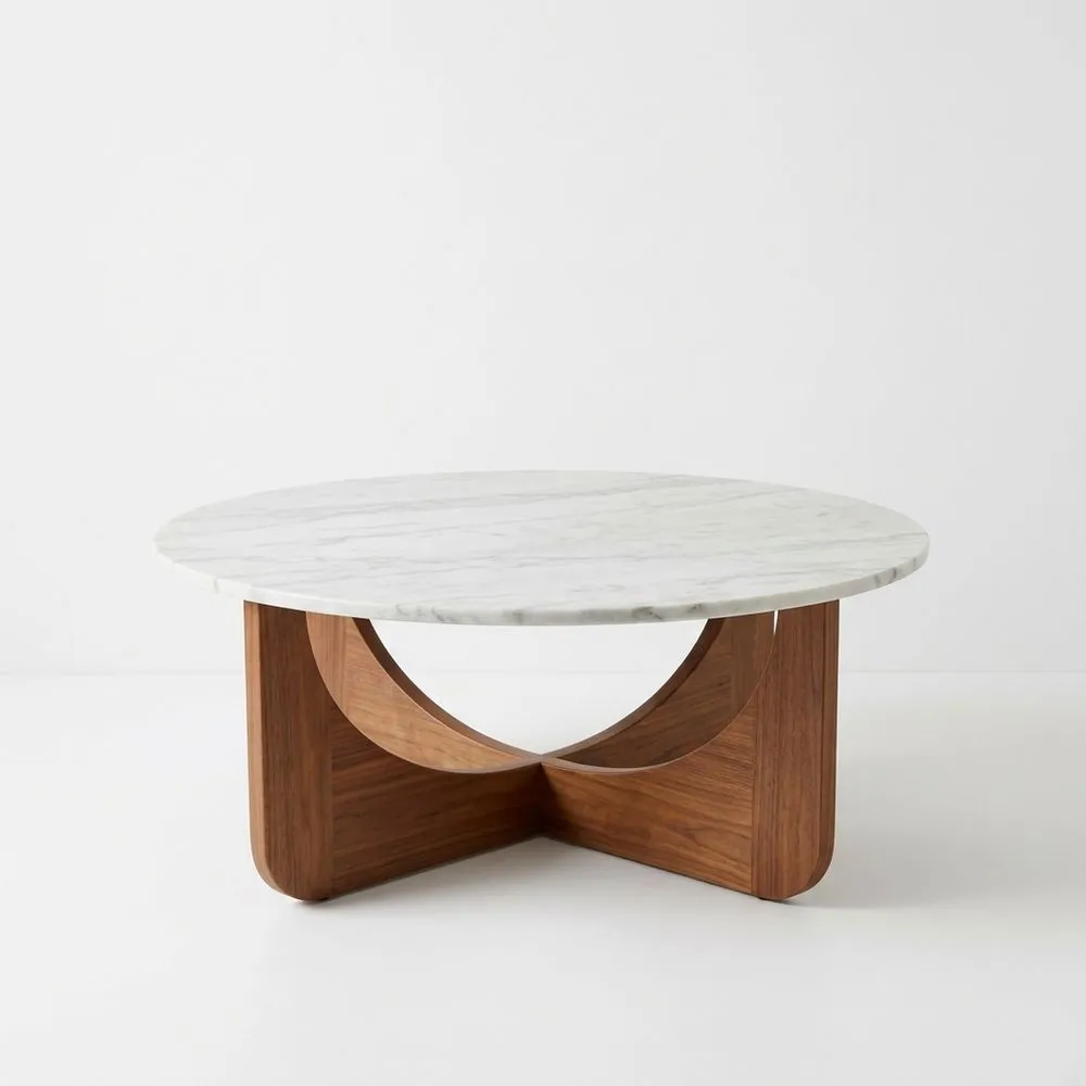 Runder Marmortisch mit Holzuntergestell, Durchmesser 90 cm