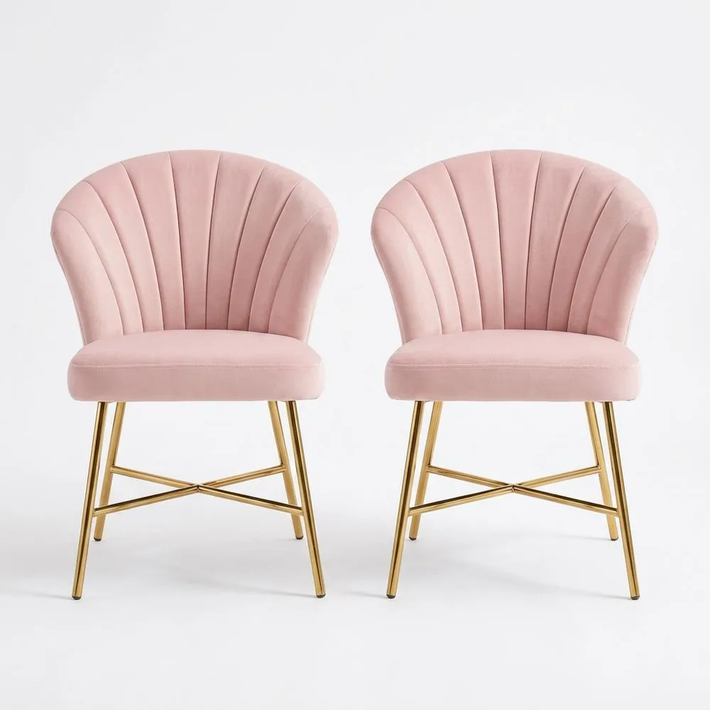 2er-Set Esszimmerstühle aus Samt Rosa mit Stahlrahmen mit goldener Beschichtung