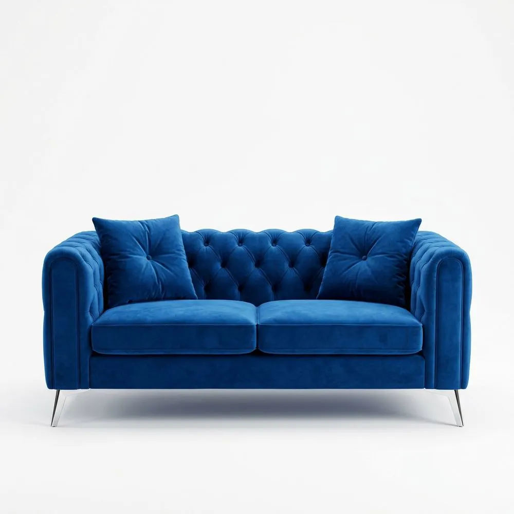 Samtsofa Blau 2-Sitzer mit verchromten Stahlfüßen und Kiefernholzrahmen