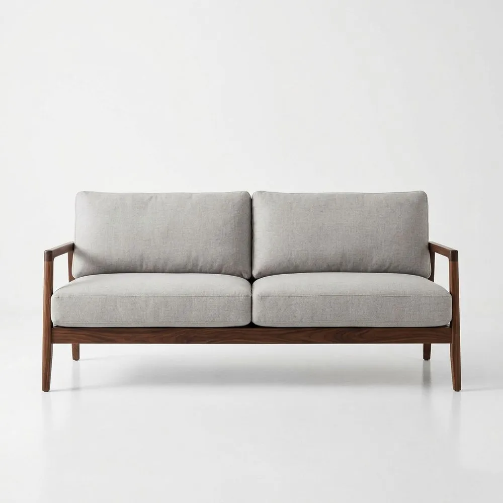 Zweisitzer Sofa Leinen Stoff Grau Walnuss Holzrahmen