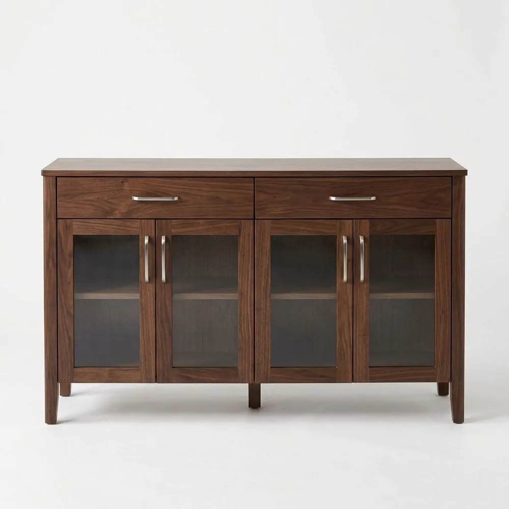 Sideboard aus Walnussfurnier mit Glastüren und Stahlgriffen 150x40x85 (Breite x Tiefe x Höhe) cm
