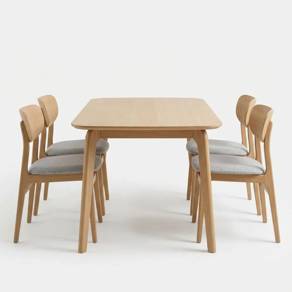 Esstisch- und Stuhlset aus Eichenholz mit Polyesterstoffpolsterung