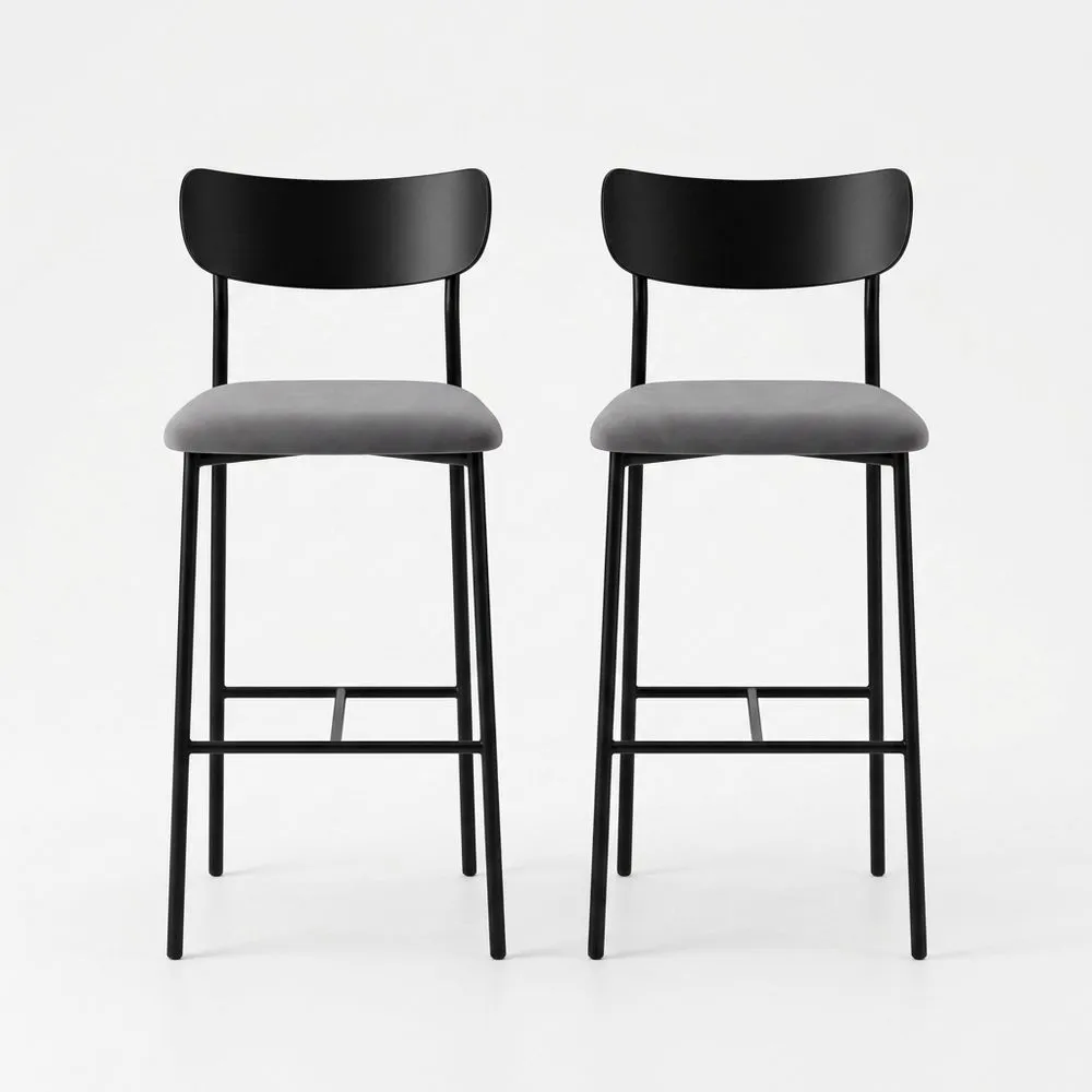 2er-Set Barhocker mit pulverbeschichtetem Stahlrahmen und grauem Kunstlederbezug