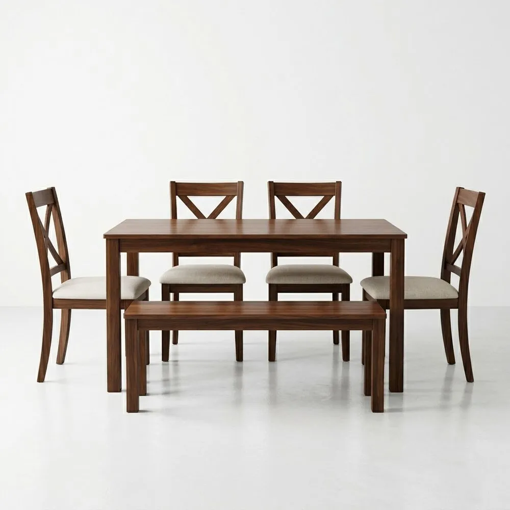 Esszimmer Set aus Massivholz Dunkelbraun 4 Stühle 1 Bank Rechteckig Tisch 150 (Länge) cm