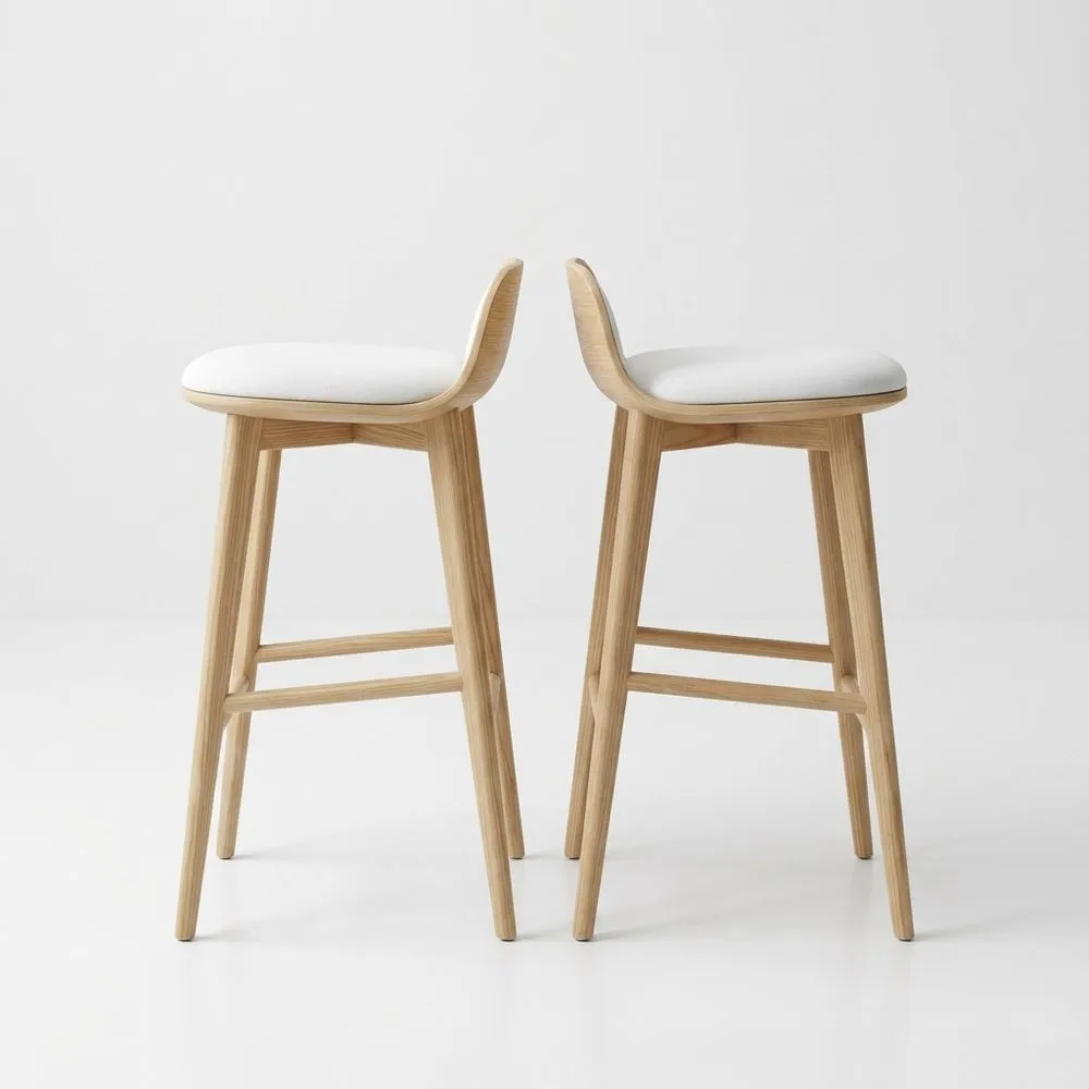 2er Set Barhocker aus Eichenholz mit weißem Polyester-Sitzpolster, Sitzhöhe 75 cm