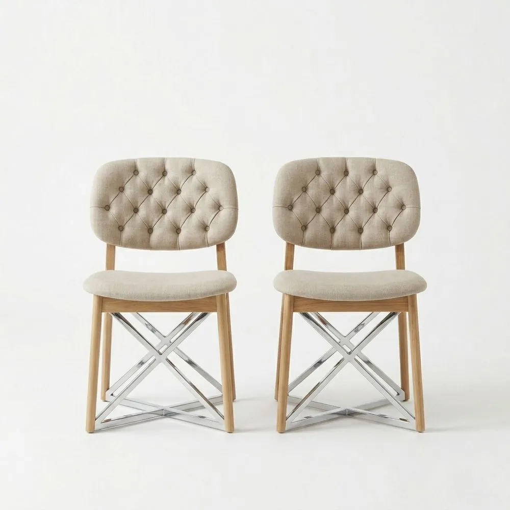 2er Set Stühle mit Leinenbezug, Rahmen aus Eichenholz und Beinen aus Edelstahl, Beige