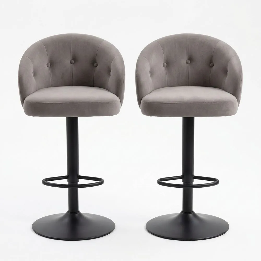 2er-Set höhenverstellbare Barhocker mit Samtbezug in Hellgrau und schwarzem Stahlrahmen