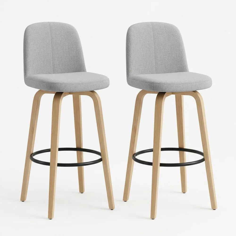 2er-Set Barhocker mit grauem Polyesterbezug und massiven Holzbeinen