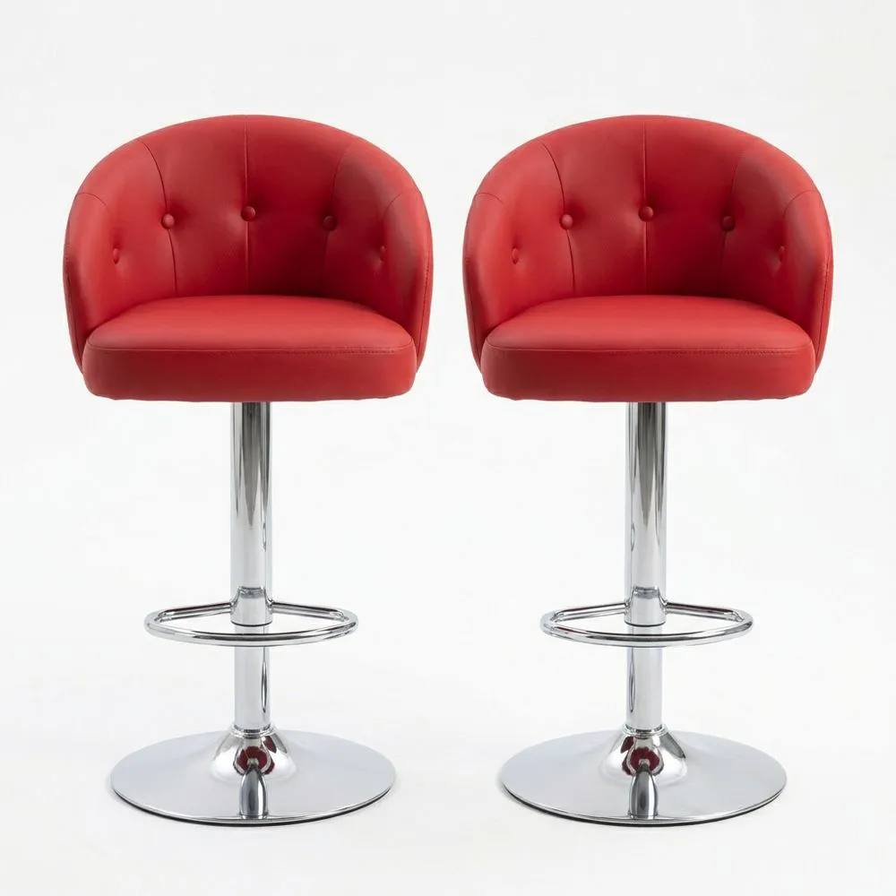 2er-Set höhenverstellbare Barhocker mit rotem PU-Lederbezug und verchromtem Stahlgestell mit Fußstütze