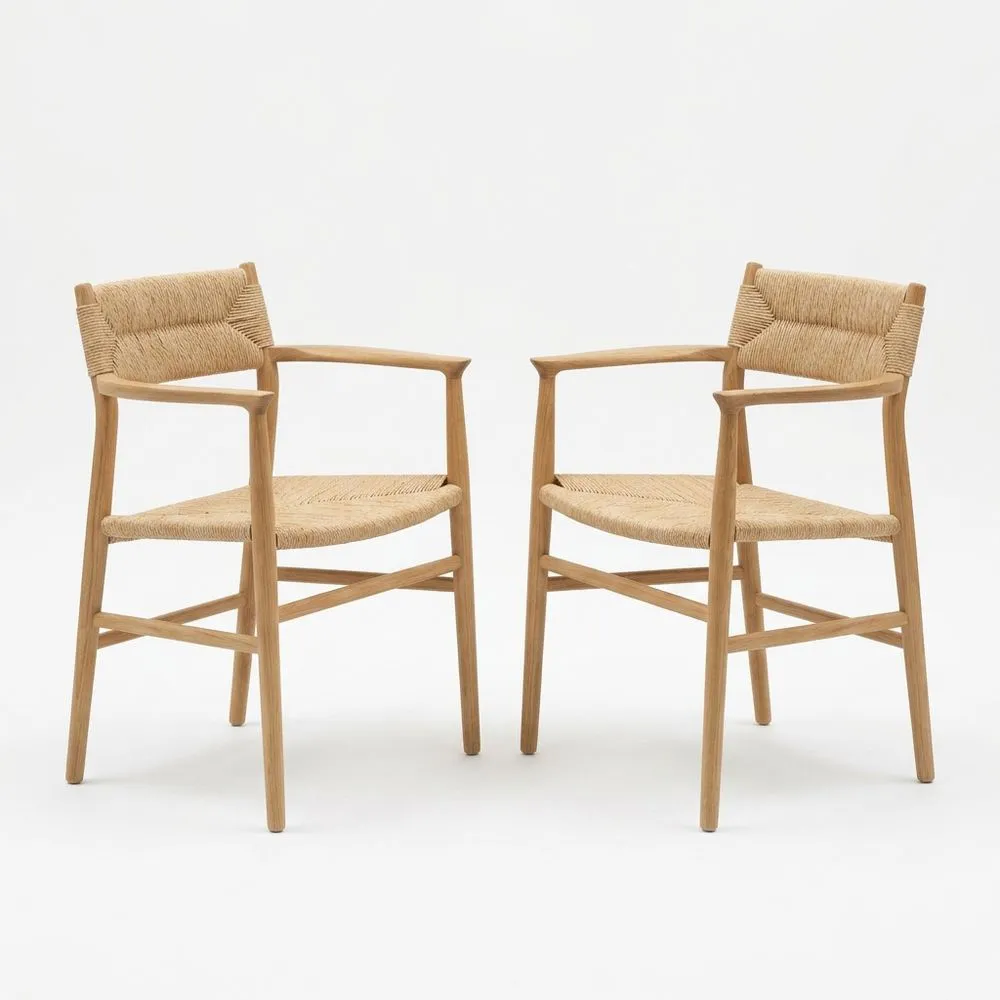 Esszimmerstuhl Set aus Eichenholz und Rattan Natur 2er-Set