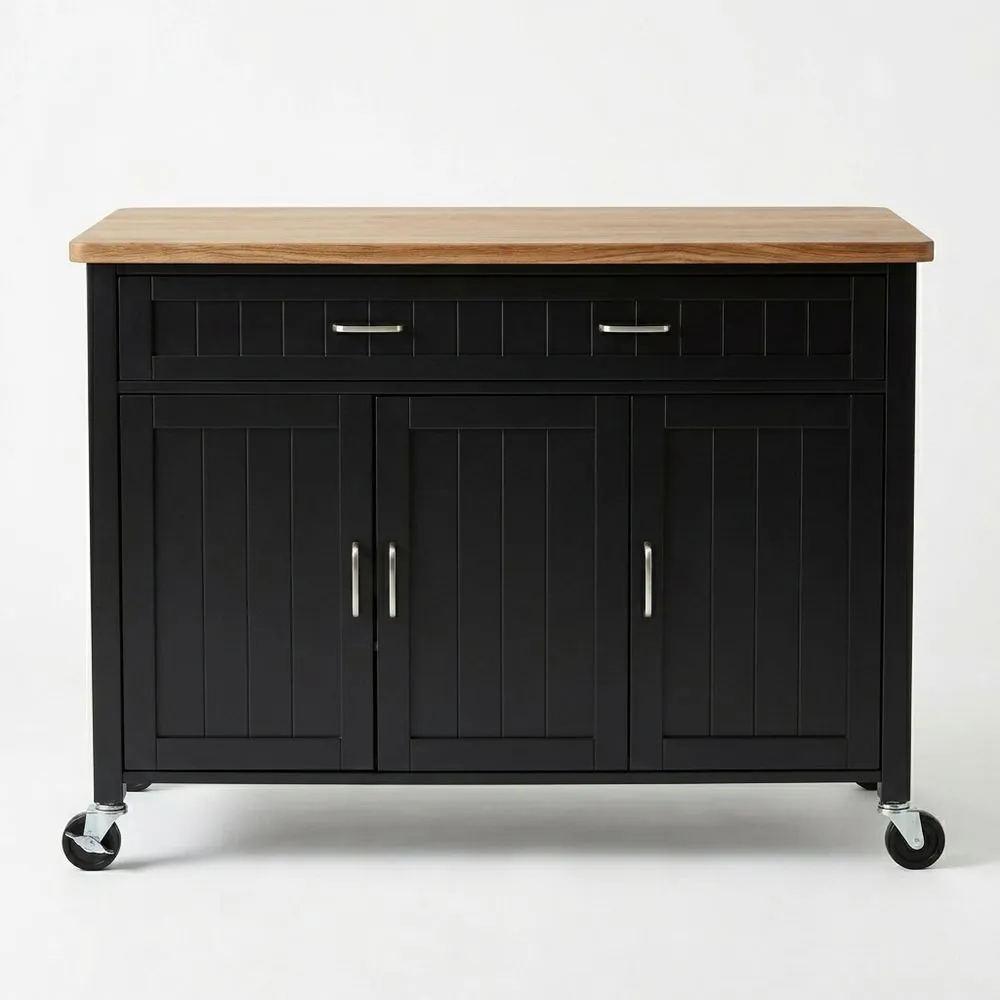 Küchenwagen mit Eichenholz-Arbeitsplatte, MDF-Korpus und Edelstahl-Griffen, Schwarz