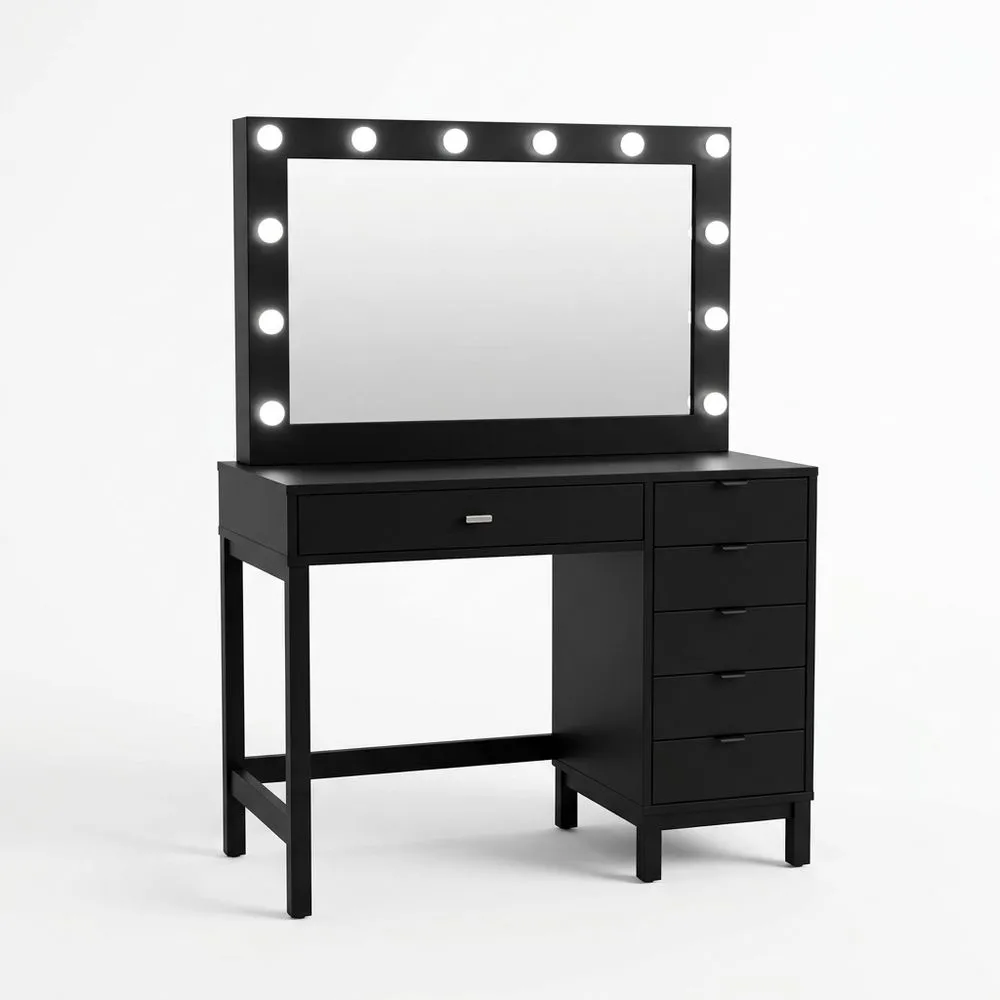 Schminktisch mit Spiegel und LED-Beleuchtung aus MDF Schwarz