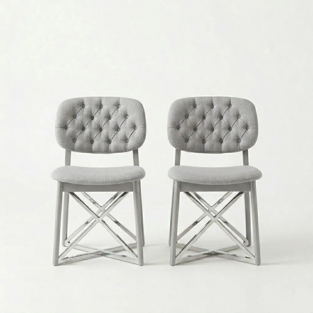 2er Set Esszimmerstühle Stoff Grau Chrom Metallgestell