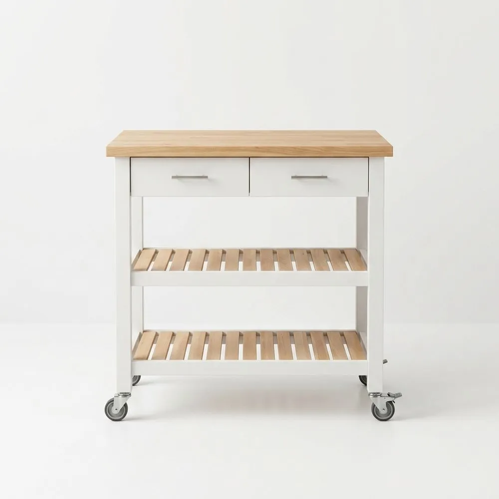 Küchenwagen mit Stahlrahmen, Eichenholz-Arbeitsplatte und Ablagen, Weiß 90x50x90 (Länge x Breite x Höhe) cm