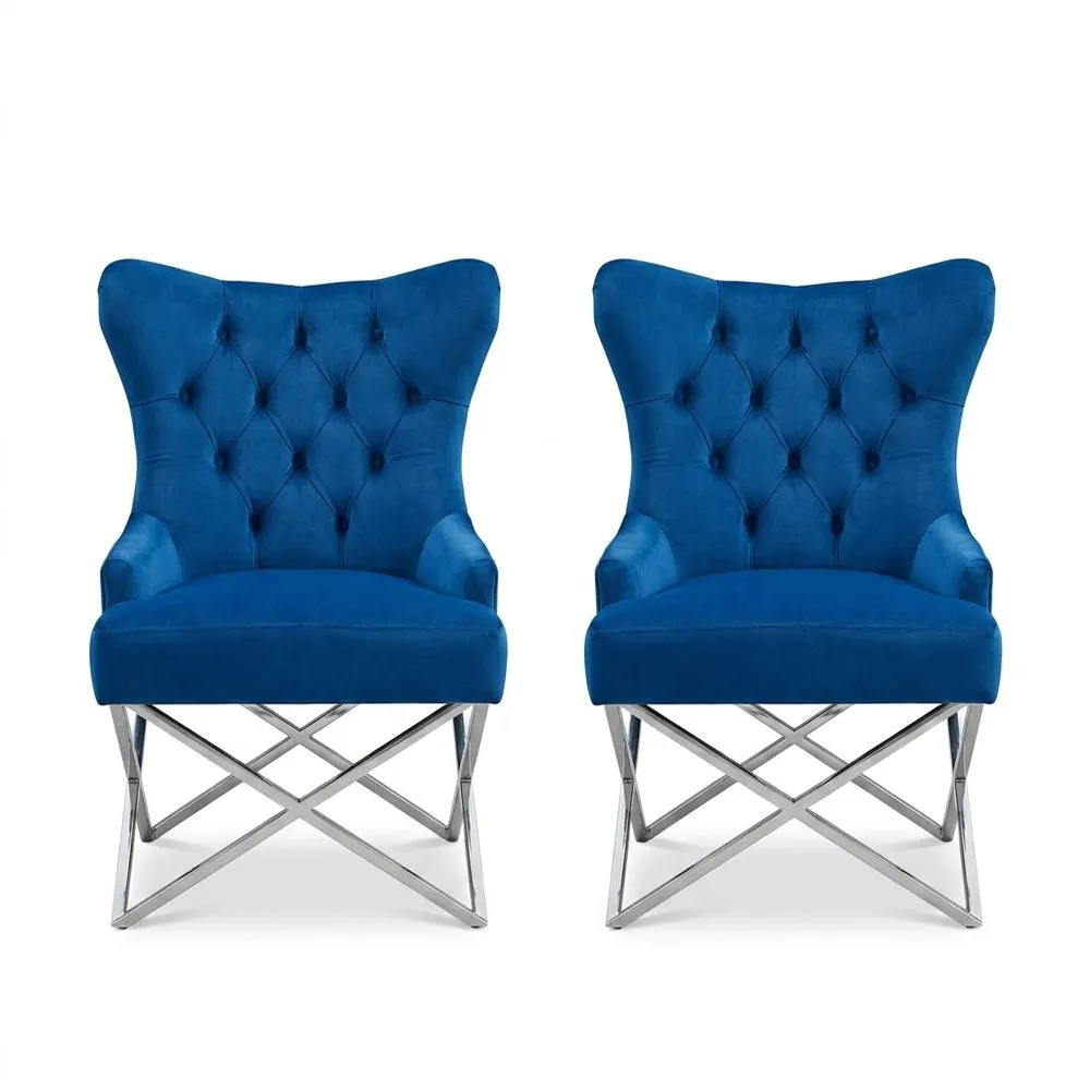 Esszimmerstuhl Set aus Samt Blau mit Edelstahlgestell, 2er Set