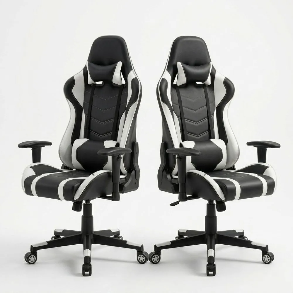 Gaming Stuhl Set aus PU Leder Schwarz Weiß mit verstellbarer Höhe und Neigung