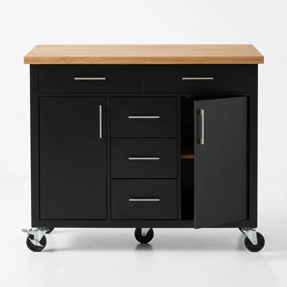 Küchenwagen mit Eichenholzplatte, schwarzem Stahlkorpus und Rollen, Schwarz 120x60x90 (Länge x Breite x Höhe) cm