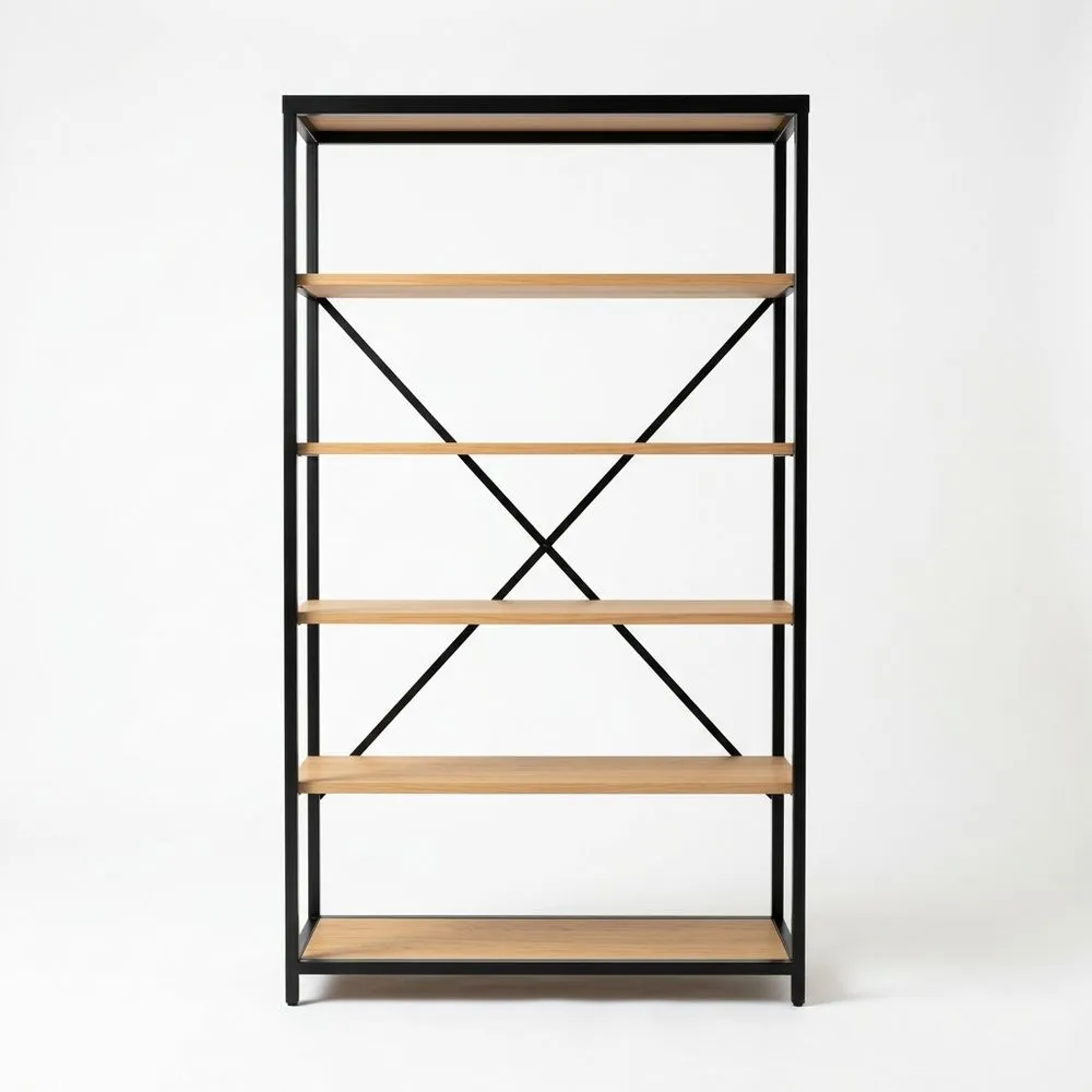 Regal mit Eichenfurnier in Schwarz, Stahlrahmen, Höhe 180 cm × Breite 90 cm × Tiefe 35 cm