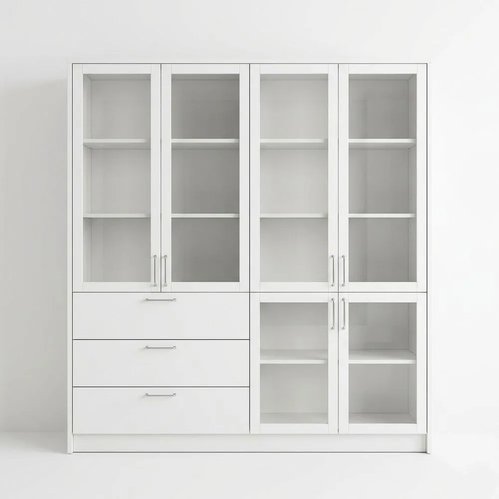 Vitrine mit Glastüren Weiß, Höhe 200 cm × Breite 180 cm × Tiefe 40 cm