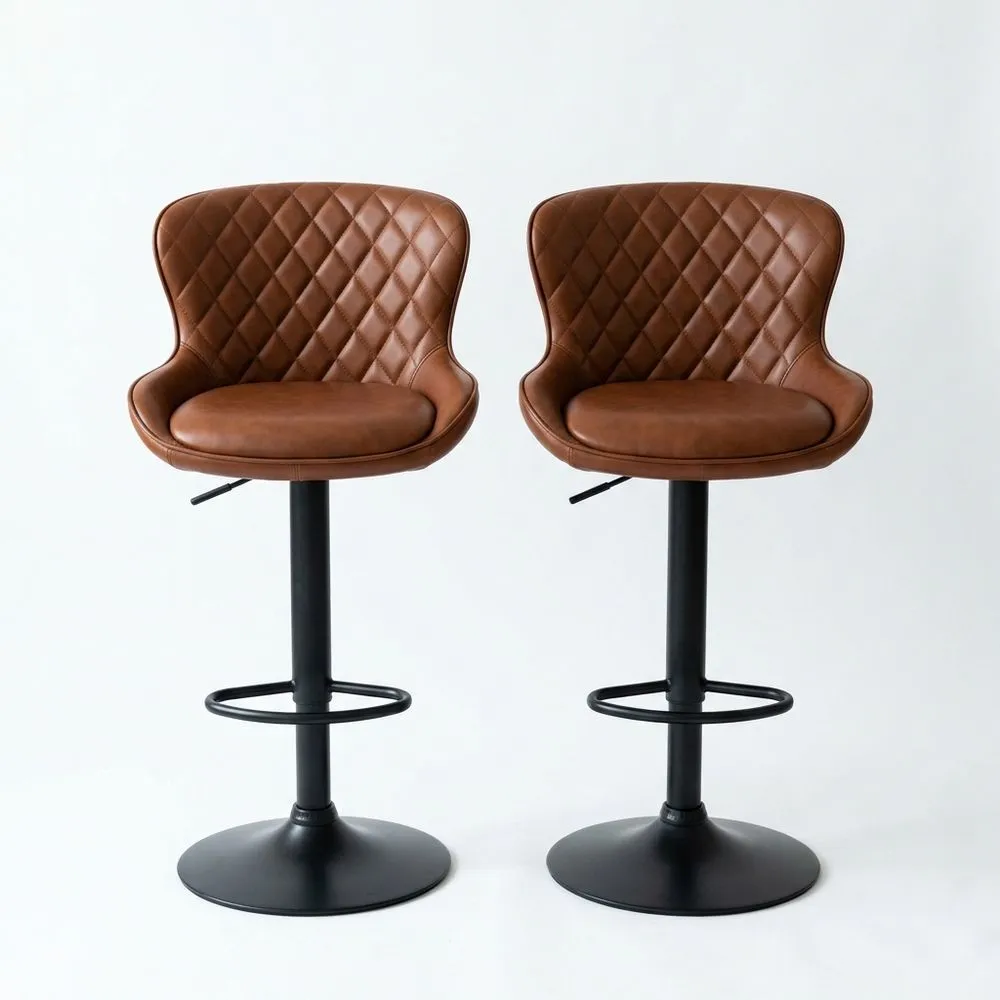 2er Set Barhocker Braun Kunstleder Höhenverstellbar mit Rückenlehne
