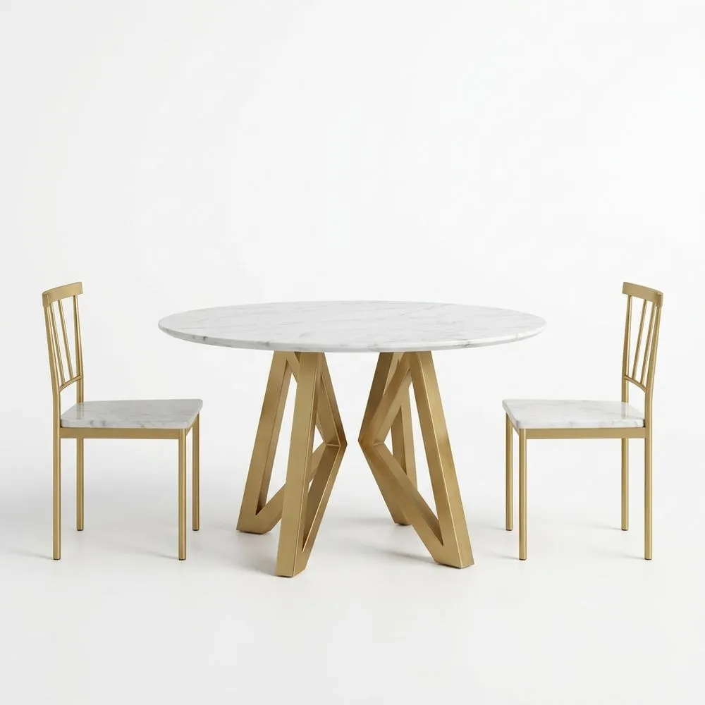 Runder Esstisch mit Marmorplatte und Stahlbeinen, Weiß/Gold, mit 2 Stühlen mit Marmorsitzflächen